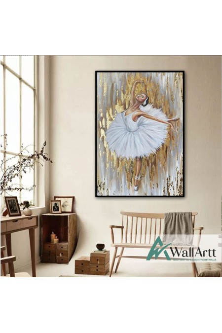 White Dressed Ballerina Textured Partial Oil Painting